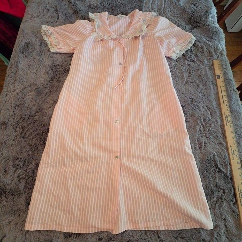 Vintage Tara Ciara Nightgown Womens M Pink Stripe Satin Lace Ruffle Embroidered